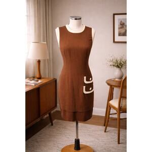 80s Vintage Donna Ricco Brown & Cream Sheath Dress 60s Style - S